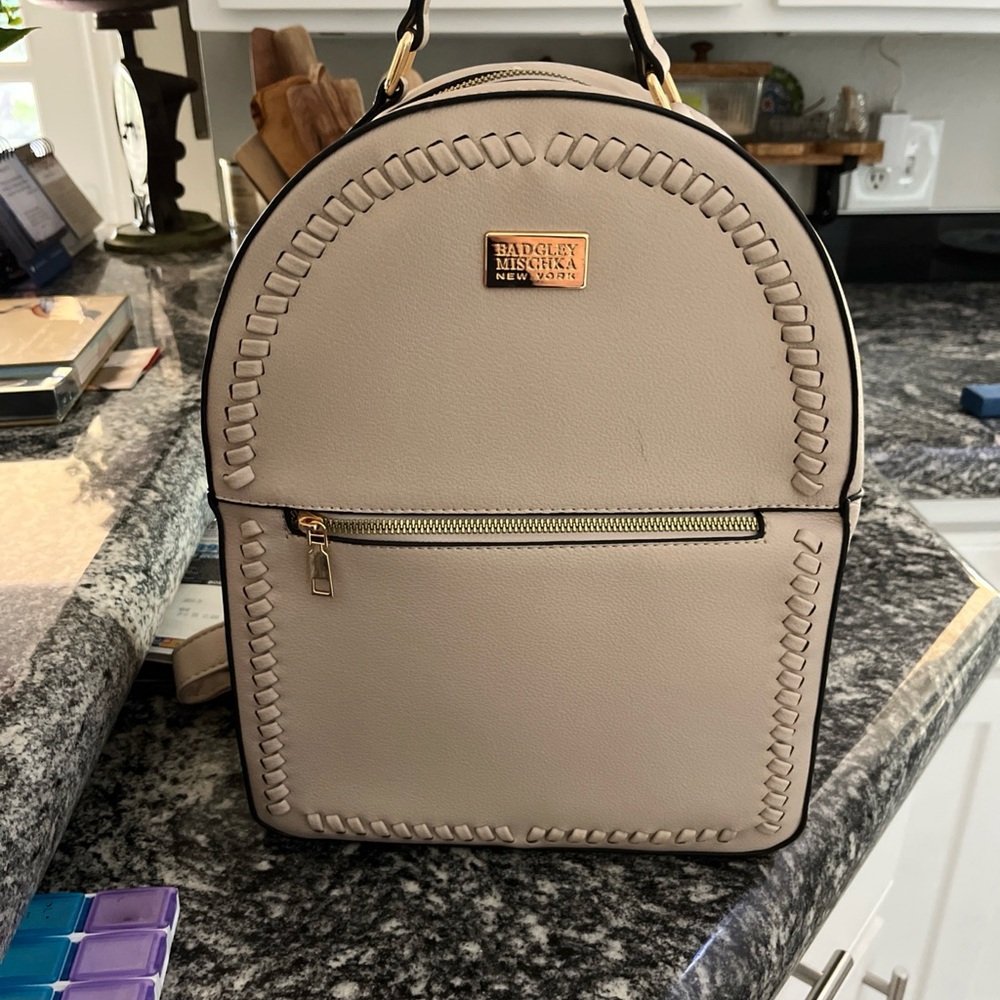 Badgley Mischka Taupe Backpack with Gold Accents